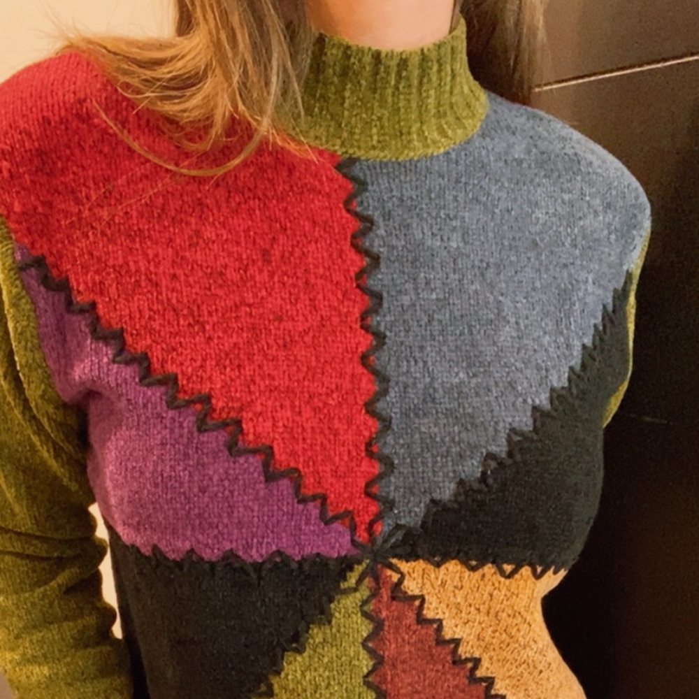 Vintage 90s chenille patchwork sweater - image 2
